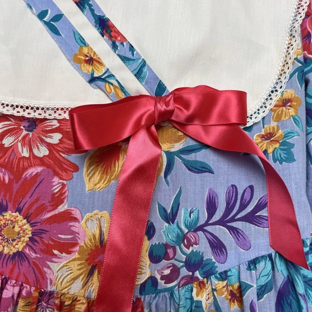 Vintage‎ Forever Florals Dress Drop Waist Bow Bib Blue Pink Flowers Girls 7